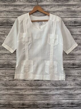 RENATO COLLEZIONE White Linen Guayabera Blouse Size Small